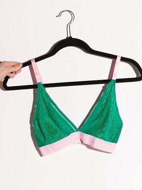 Lemonade Dolls Synergy lace and mesh bralet in green with pink trim size Large